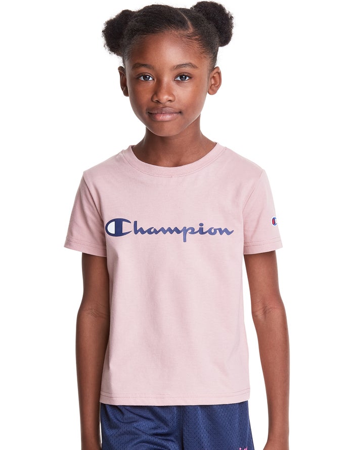 Champion Girls T-Shirt NZ - Classic Script Logo Coral ( 9376-KIDQO )